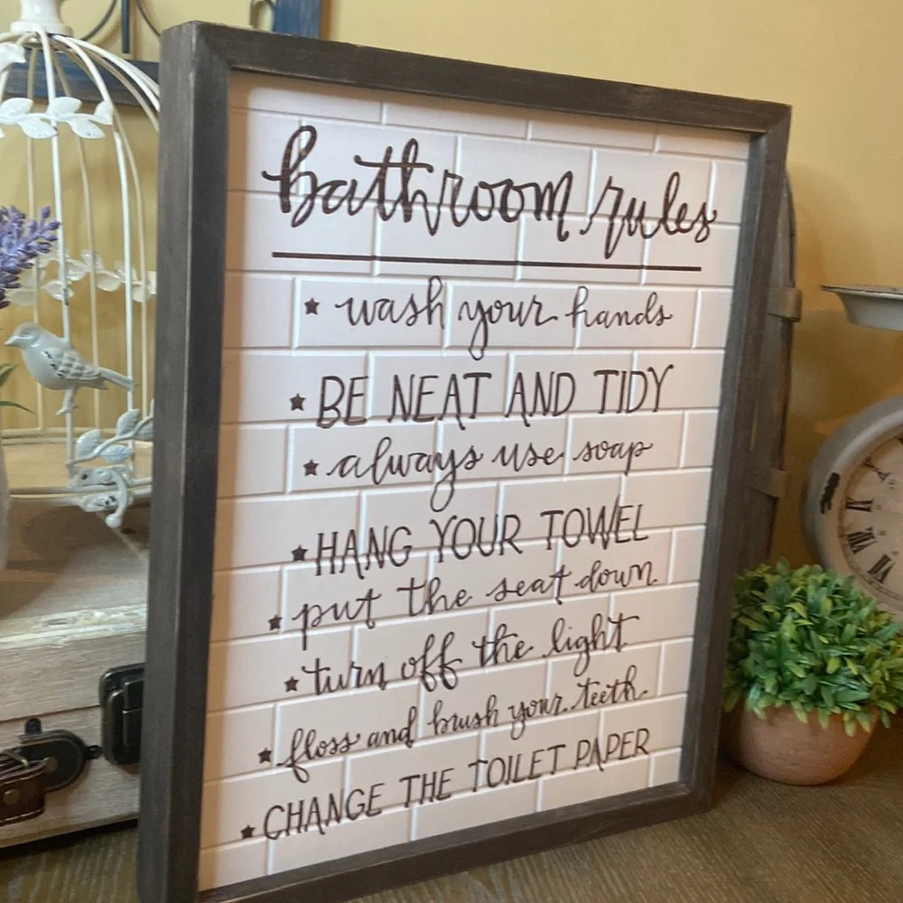 NEW! Modern Farmhouse Bathroom Rules Tile Inspired Wood Sign